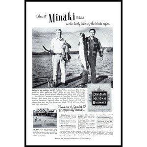 1953 Canadian National Railways CN Rail Vintage Print Ad Minaki Lodge Fishing